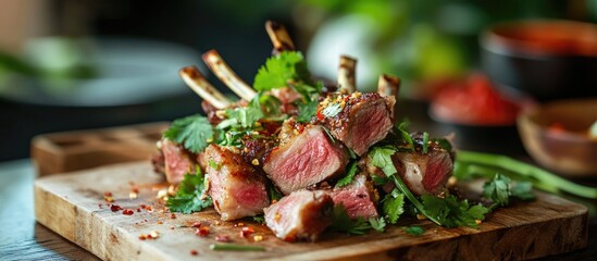 Grilled lamb chops garnished with herbs on a wooden cutting board with blurred background and copy space