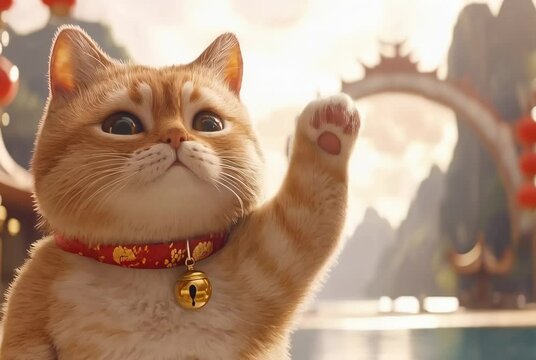 A cute, fluffy, sad cat fast waves its paw as if saying goodbye or hello. A ginger cat against a blurry Chinese landscape