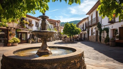 Spanish Village Square Fountain Idyllic Scene