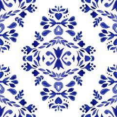 Vintage damask floral seamless ornamental watercolor arabesque paint tile design pattern for tile decor.