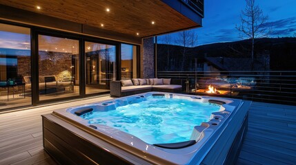 Obraz premium Luxury Hot Tub on Modern Deck at Dusk with Mountain View
