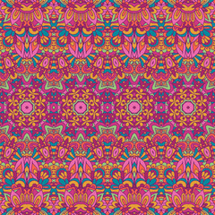 Ethnic boho geometric psychedelic colorful print with doodle Vector seamless pattern Bohemian style