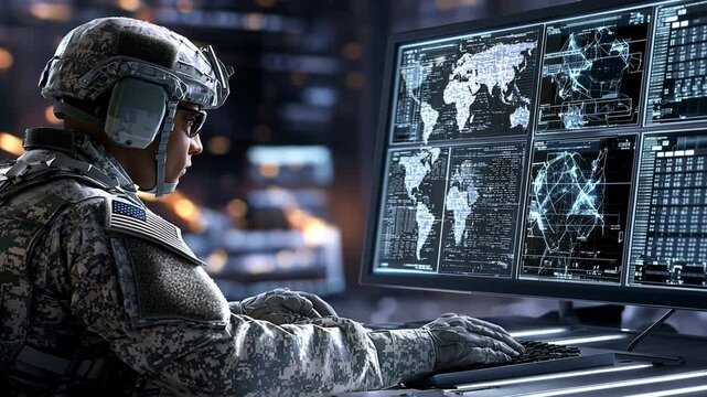 Army Soldier at High Tech Command Center with Holographic Displays