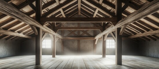 Spacious empty wooden attic interior with beams and soft natural light filtering through windows, suitable for various design uses, Copy Space