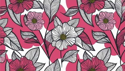 hand drawn bright cute pink artistic flowers print modern botanical geometric pattern fashionable template for design