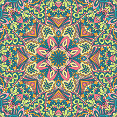 Vector seamless pattern ethnic boho art mandala. Doodle design with colorful ornament.