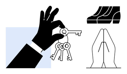 Silhouette hand holding keys, steps, and praying hands symbolize success, growth, and gratitude. Ideal for business security, achievement, spiritual introspection, progress opportunity mindfulness