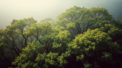 Fototapeta premium Lush green forest canopy emerging from misty morning light