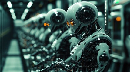 Fototapeta premium A Line Of Advanced Humanoid Robots Stands Ready