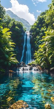 A stunning waterfall cascades into a crystal-clear pool, surrounded by lush green ferns and vibrant blue water, creating a tranquil oasis in nature.