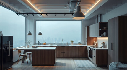 Fototapeta premium Modern kitchen interior design featuring island, pendant lights, and city view