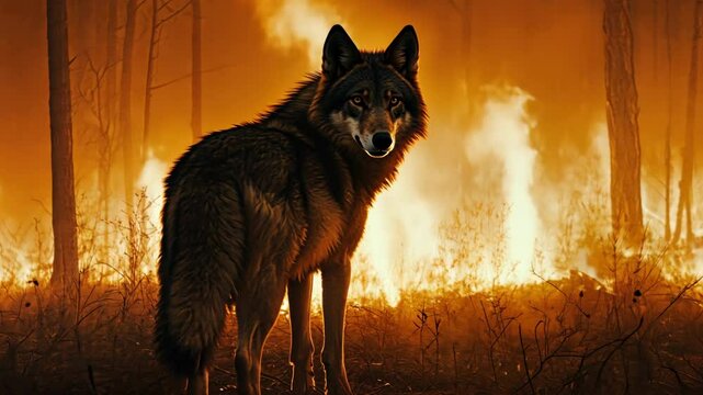 The wolf looks at the burning forest, emergency situations, forest fire