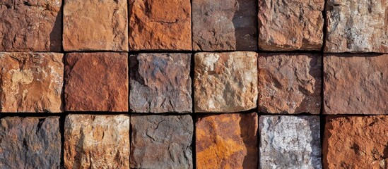 Textured arrangement of natural stone tiles in various earthy colors with visible patterns and grain, ideal for backgrounds and surfaces, Copy Space