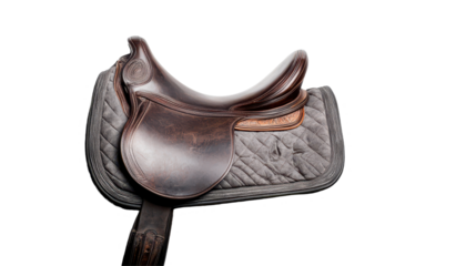 detailed close up of saddle on dapple gray horse, showcasing craftsmanship and design