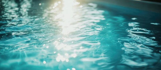 Close-up of shimmering water surface with sun reflections and gentle ripples in a swimming pool Copy Space