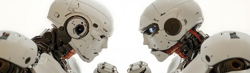 Fototapeta premium Two humanoid robots facing each other in a tense standoff, showcasing advanced technology and design