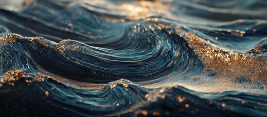Close-up of ocean waves with shimmering golden highlights and deep blue tones, featuring textured water patterns and motion, Copy Space