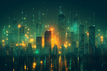 Fototapeta premium Digital cityscape with glowing data connections and buildings.