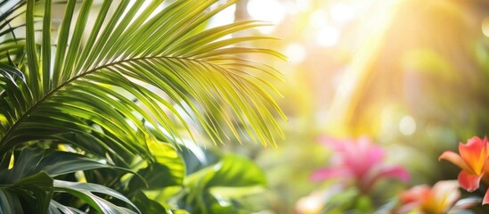 Green tropical palm leaves with flowers in the background illuminated by sunlight Copy Space