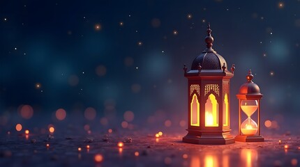 Fototapeta premium Ramadan Kareem Luminous Lantern Moon Ornament and Hourglass Peaceful Starry Night with Copy Space for Spiritual Messages Ramadan Concept Banner Background Poster Generative AI