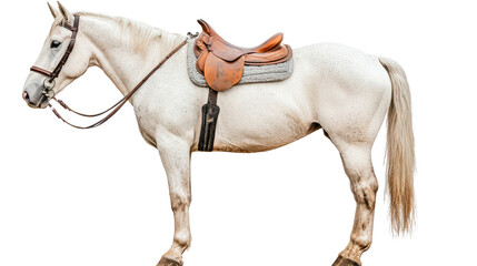 saddled horse standing gracefully, ready for ride in serene setting