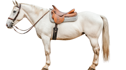saddled horse standing gracefully, ready for ride in serene setting