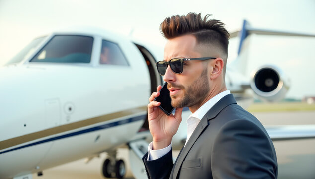 A businessman is talking on the phone against the background of a private jet