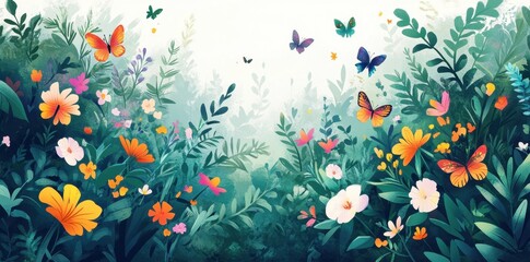 Vibrant Butterflies Flutter Amongst Lush Blooming Flowers