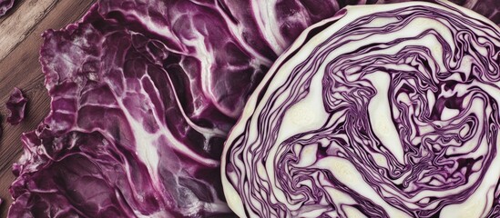 Obraz premium Purple cabbage cross-section and textured leaves with natural patterns and Copy Space for text placement.