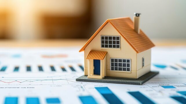 Impact Investing and financial Risk. Miniature house model on financial charts, symbolizing real estate investment and market analysis.