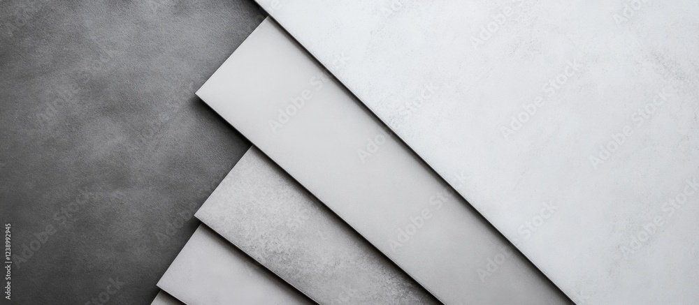 Poster layered textured paper sheets in shades of gray and white with soft gradients and abstract patterns 