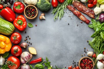 Delicious stew with vegetables in pot and ingredients on gray textured table flat lay