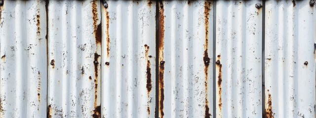 Rusty corrugated metal wall texture with peeling paint and weathered surface ideal for backgrounds or industrial themes Copy Space