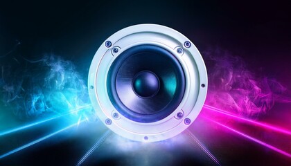 neon speakers in nightclub with smoke and vibrant glow effect