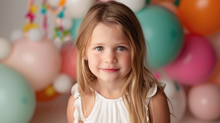 Naklejka premium Joyful Girl Among Colorful Birthday Balloons Display