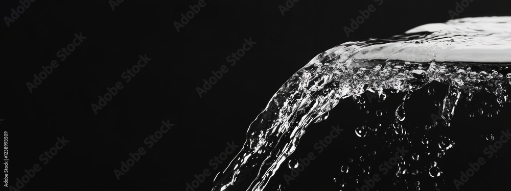 Poster water cascading over the edge of a surface creating bubbles and splashes against a black background 