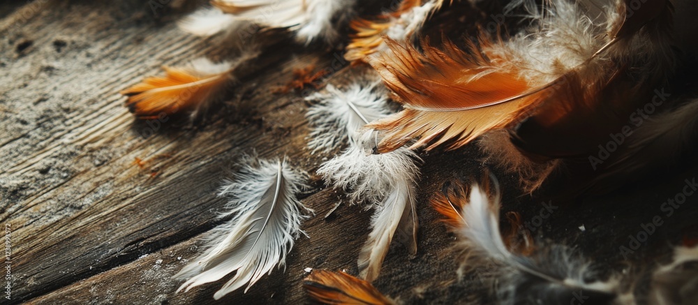 Sticker Colorful bird feathers scattered on rustic wooden surface with natural light Copy Space