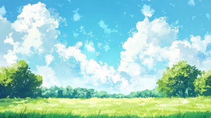 Obraz premium Serene Summer Meadow Under Blue Sky With Fluffy Clouds