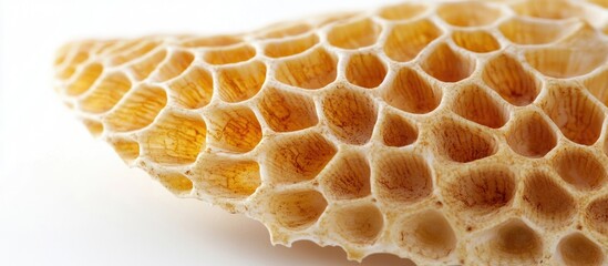Honeycomb structure close-up with detailed hexagonal pattern on a light background showcasing natural textures and colors Copy Space