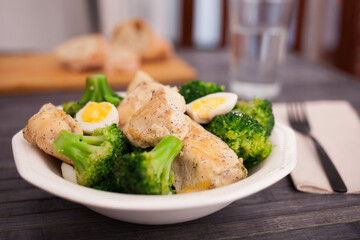 Pieces of fried chicken breast with boiled broccoli and quail eggs on plate for lunch