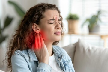 Woman experiencing neck pain while sitting on a couch in a bright living room during the day. Copy space