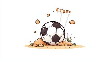 Cartoon Style Soccer Ball with Goalpost Surrounded by Rocks and Grass in Bright Background