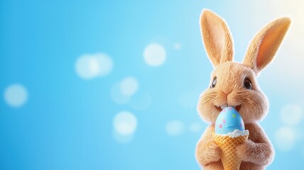 Obraz premium A cute bunny holding an Easter egg-shaped ice cream cone against a soft blue background on Easter Day.