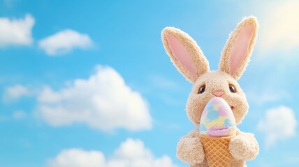 Obraz premium A cute bunny holding an Easter egg-shaped ice cream cone against a bright blue sky with clouds on Easter Day.