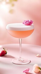 Fresh strawberry summer lemonade cocktail with ice and fruit  pieces. Modern aesthetic.