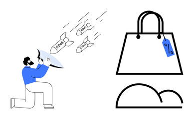Man kneeling and using a shield labeled DDoS to deflect incoming bombs while a shopping bag and cloud symbol appear beside. Ideal for cybersecurity, online shopping, data protection, cloud computing