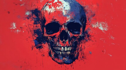 Artistic Skull Depiction Against Red Splashed Background