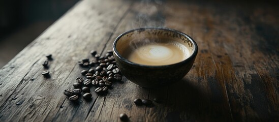 Coffee cup with saucer and coffee beans on rustic wooden table with ample copy space for text.