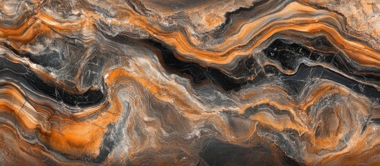 Fototapeta premium Abstract marble texture in shades of orange and black with swirling patterns and gradients suitable for backgrounds and design. Copy Space