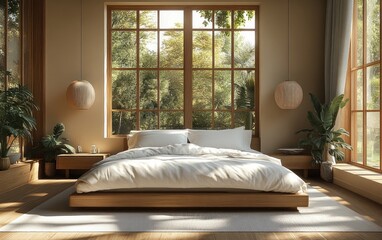 Minimalist Modern Bedroom with White Bed Linens Blue Accents and Natural Light